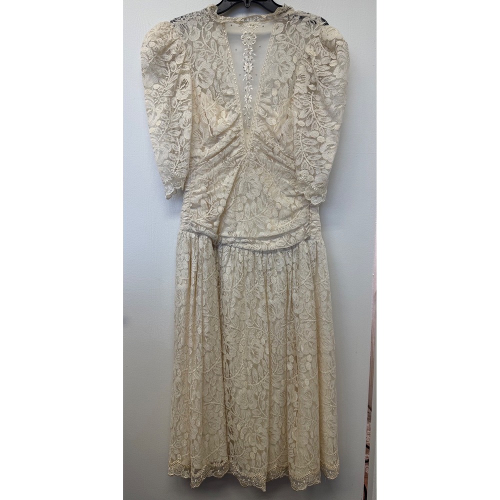 Vintage 80s Darva New York Lace Prairie Wedding Dress Pearl Beaded Cream Sz 10